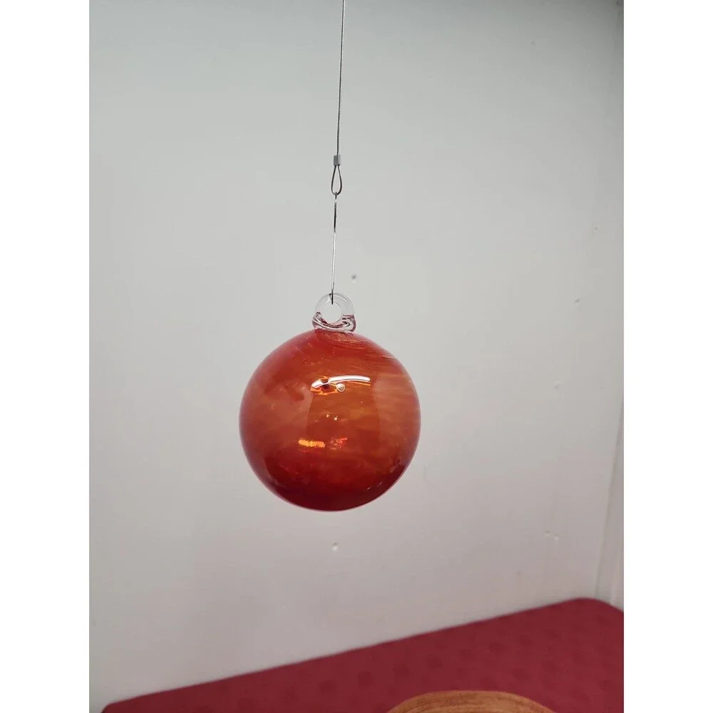 Handblown Art Glass Orbs/Ornaments 4 Inch Set Of 3 ~ 2 Iridescent Green 1 Red